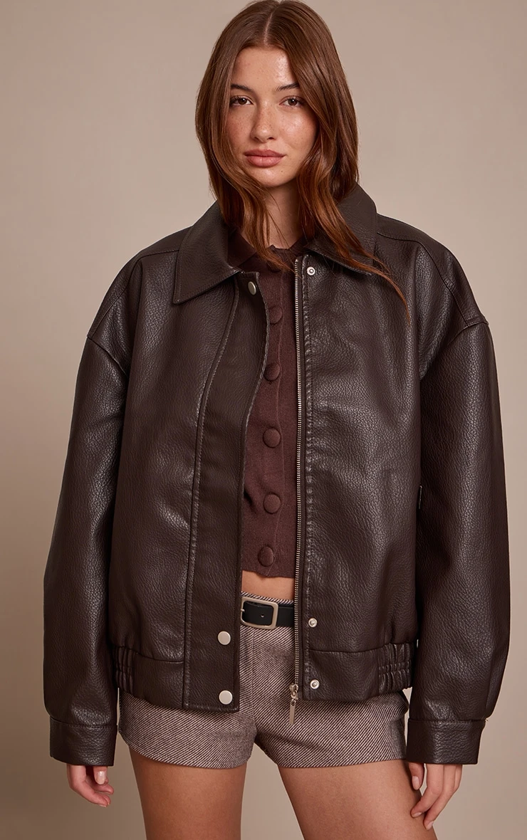 Chocolate Concealed Placket Faux Leather Bomber Jacket 1 Chocolate Concealed Placket Faux Leather Bomber Jacket