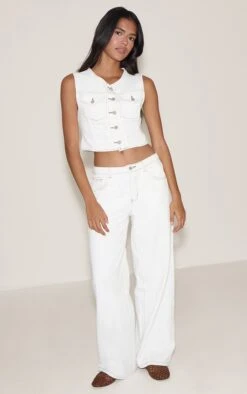 Prettylittlething White Contrast Stitch Low Rise Wide Leg Jeans