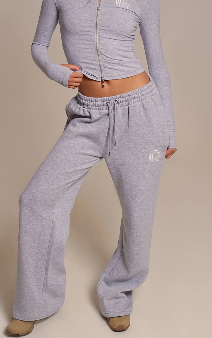 PRETTYLITTLETHING Grey Marl Embroidered Graphic Wide Leg Sweatpants - Image 2