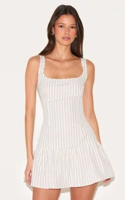Prettylittlething Stone Striped Sleeveless Straight Neck Shift Dress