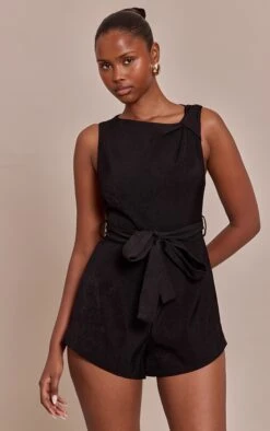 Black Woven Tie Belt Romper