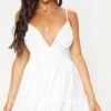 Prettylittlething White Ruched Frill Detail Strappy Skater Dress -Pretty Little Thing Shop d1747bfe2aa9edffd1bd0a801ff29a7e69060828 CLW5474 1 white ruched frill detail strappy skater dress