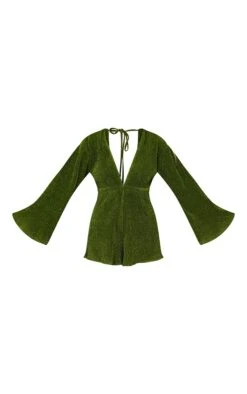 Prettylittlething Green Glitter Plisse Flare Sleeve Plunge Romper -Pretty Little Thing Shop d175cf3eededca0aa2d3125dbd802a27958dcabe cmu4581 5