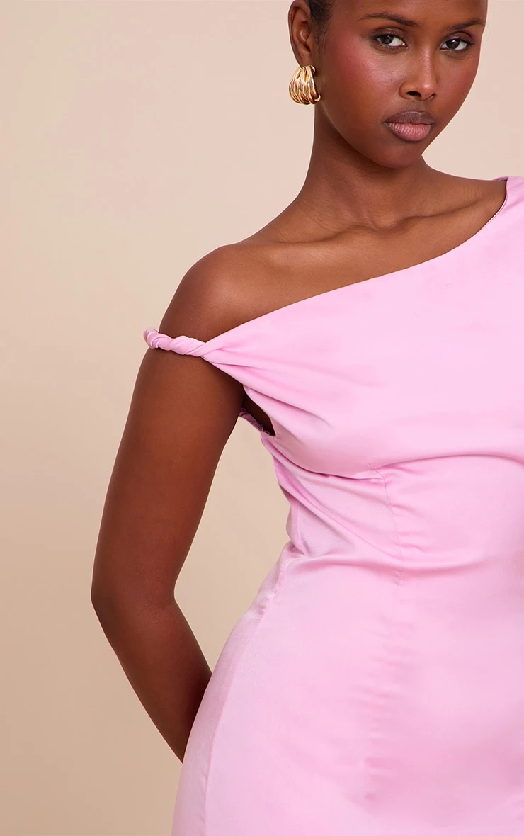 Prettylittlething Candy Pink Satin Asymmetric Bardot Twist Maxi Dress - Image 4