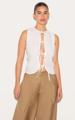 Prettylittlething White Lightweight Woven Tie Front Vest