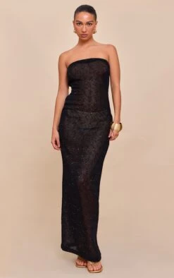 Prettylittlething Black Sequin Sheer Bandeau Maxi Dress