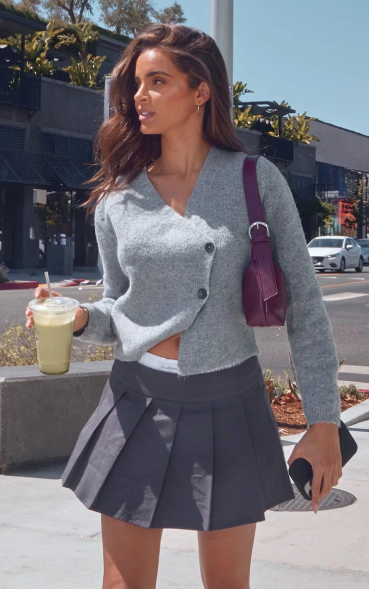 Prettylittlething Grey Knit Asymmetric Button Cardigan 2 Prettylittlething Grey Knit Asymmetric Button Cardigan - Image 2