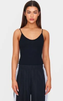 Prettylittlething Black Snatched Rib Strappy Bodysuit