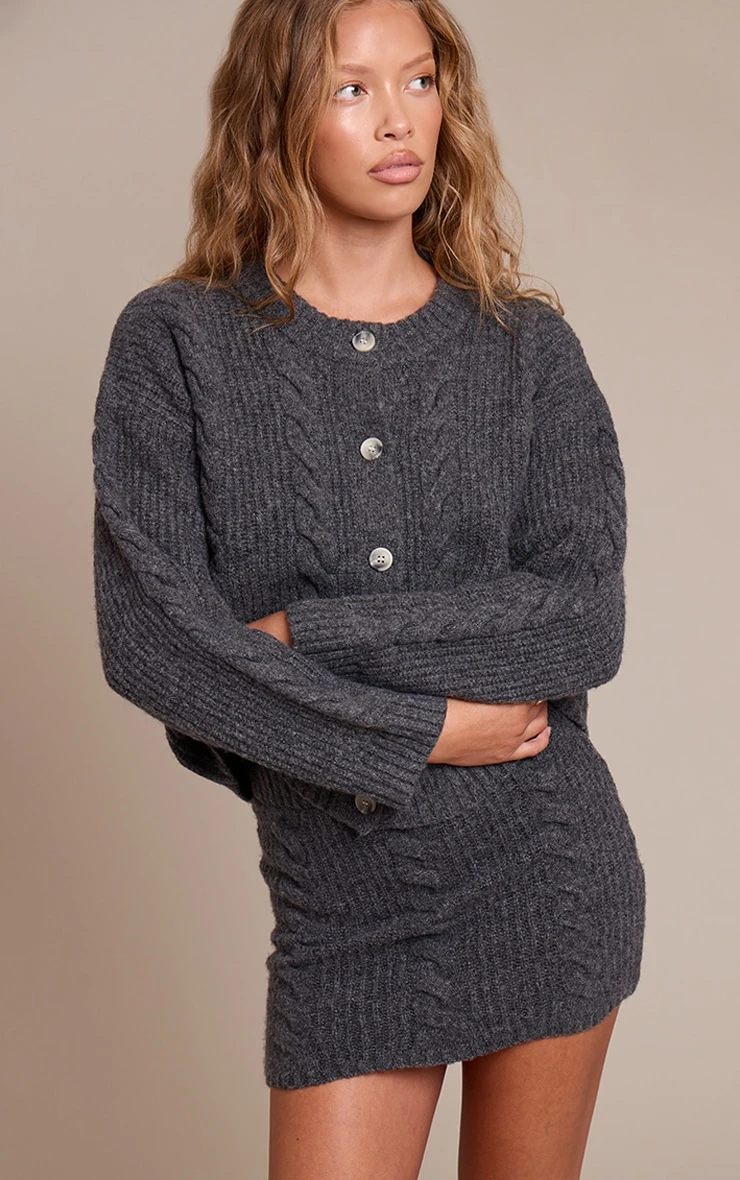 Charcoal Cable Knit Button Through Cardigan 1 Charcoal Cable Knit Button Through Cardigan