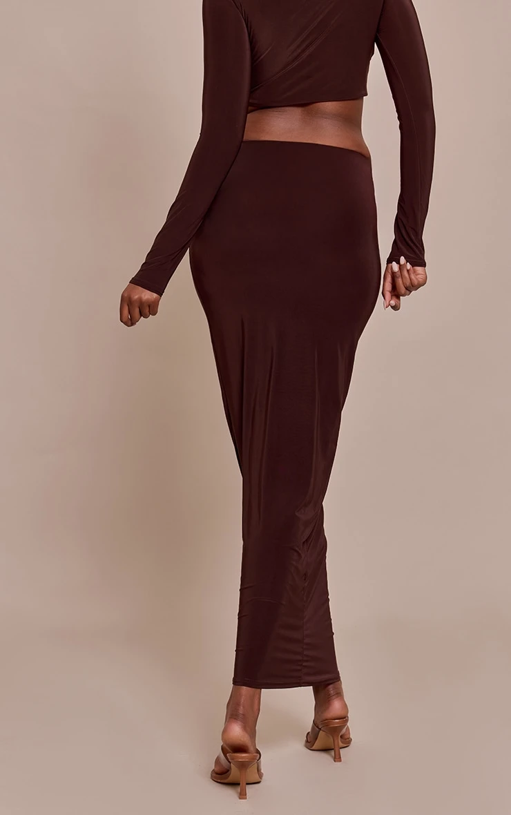 Chocolate Slinky Cut Out Twist Detail Trim Mid Rise Maxi Skirt 3 Chocolate Slinky Cut Out Twist Detail Trim Mid Rise Maxi Skirt - Image 3