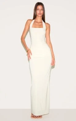 Prettylittlething Cream Double Layer Slinky Square Halterneck Drape Detail Maxi Dress