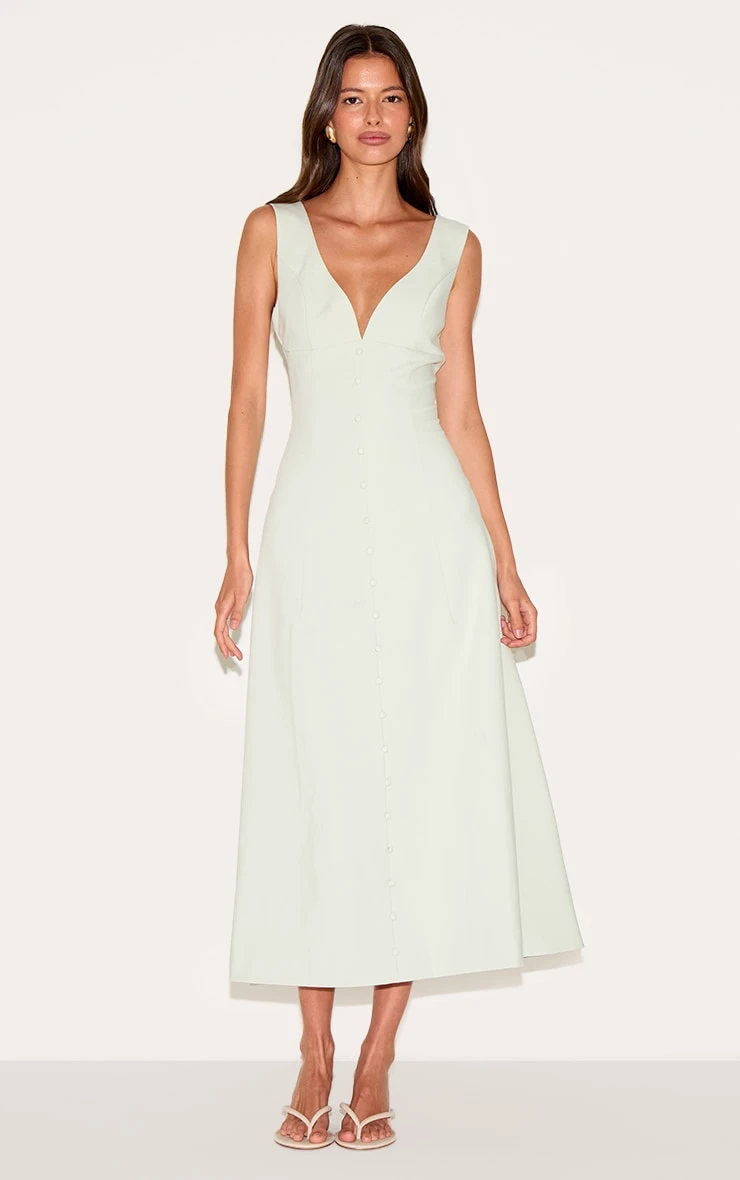 Prettylittlething Sage Green Tailored Woven Plunge Button Down Midi Dress