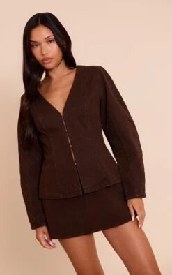 Prettylittlething Chocolate Cocoon Sleeve Denim Blazer