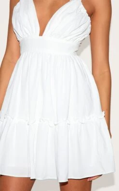 Prettylittlething White Ruched Frill Detail Strappy Skater Dress -Pretty Little Thing Shop d291e270b70ff79ed1d1c96c5196d8db2285a5eb CLW5474 4 white ruched frill detail strappy skater dress
