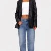 Prettylittlething Washed Black Textured Faux Leather Blazer