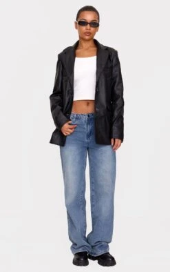 Prettylittlething Washed Black Textured Faux Leather Blazer