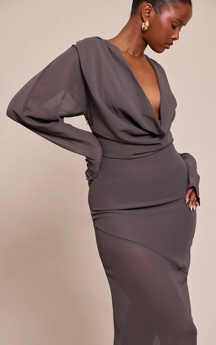Prettylittlething Grey Chiffon Extreme Cowl Neck Long Sleeve Maxi Dress 4 Prettylittlething Grey Chiffon Extreme Cowl Neck Long Sleeve Maxi Dress - Image 4