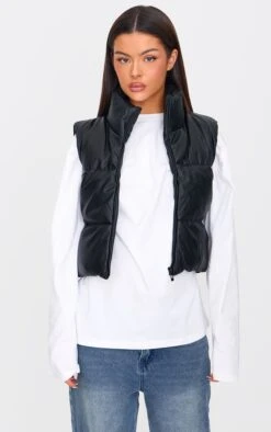 Prettylittlething Black Faux Leather Drop Hem Vest