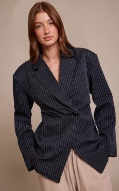 Prettylittlething Navy Pinstripe Gathered Cinched Waist Blazer