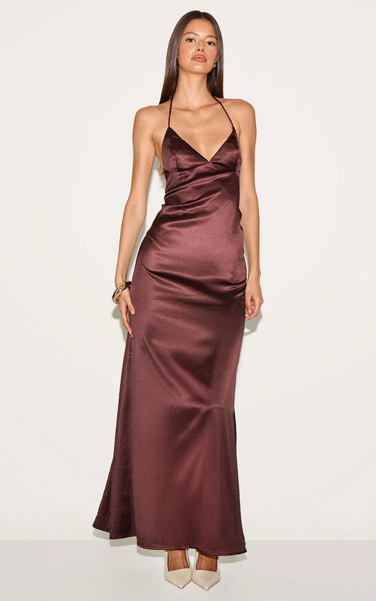 Prettylittlething Chocolate Satin Lace Up Back Maxi Slip Dress
