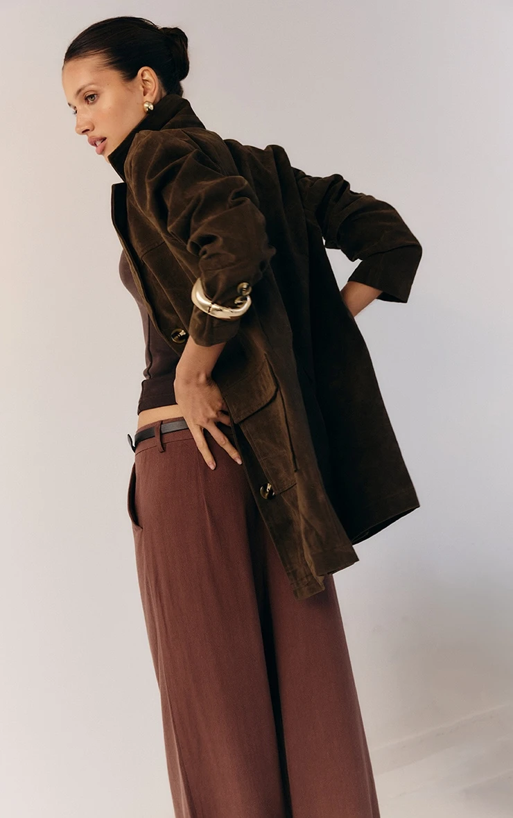 Prettylittlething Dark Brown Oversized Longline Faux Suede Blazer Coat