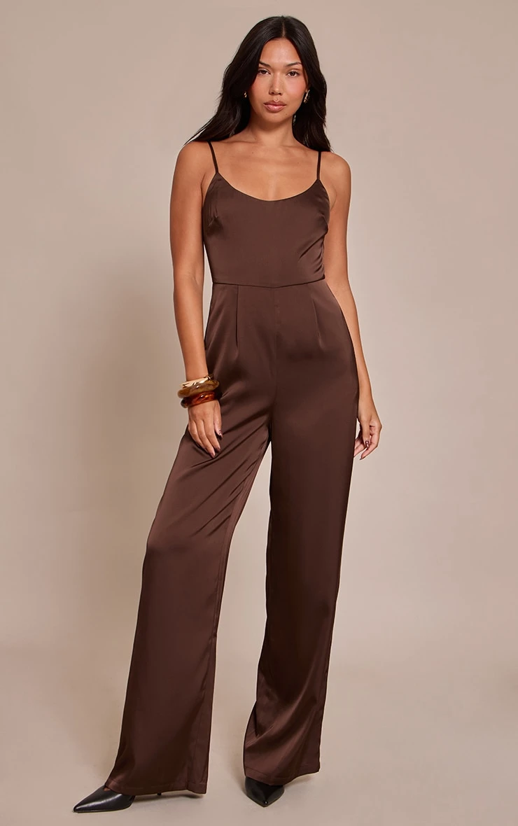 Prettylittlething Chocolate Satin Scoop Neck Straight Leg Jumpsuit 1 Prettylittlething Chocolate Satin Scoop Neck Straight Leg Jumpsuit