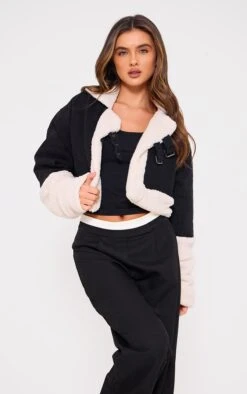 Prettylittlething Black Cropped Denim Borg Contrast Aviator Jacket