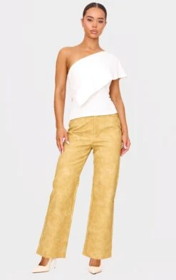 Prettylittlething Mustard Washed Faux Leather Cropped Straight Leg Pants