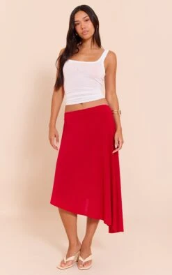 Prettylittlething Red Asymmetric Hem Slinky Midi Skirt