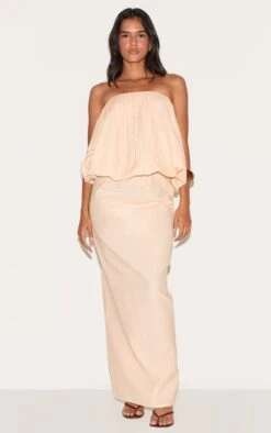 Prettylittlething Natural Linen Look A Line Maxi Skirt