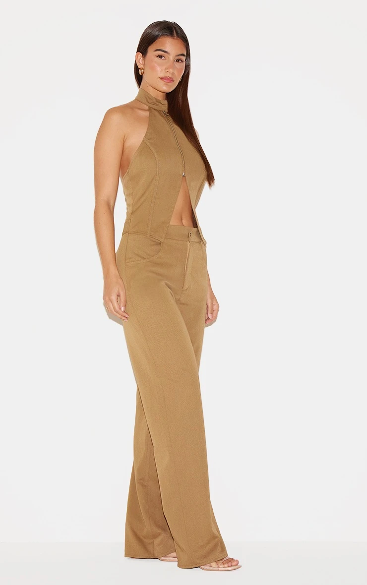 Prettylittlething Khaki Woven High Neck Zip Detail Straight Leg Jumpsuit 3 Prettylittlething Khaki Woven High Neck Zip Detail Straight Leg Jumpsuit - Image 3