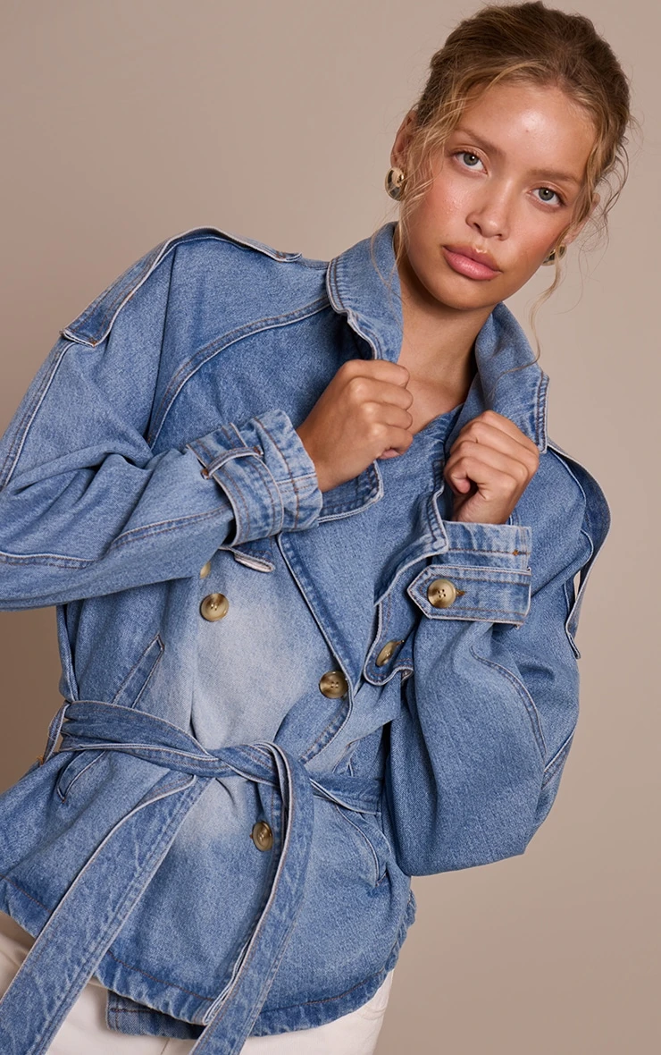 Prettylittlething Mid Blue Wash Belted Cropped Button Detail Denim Trench