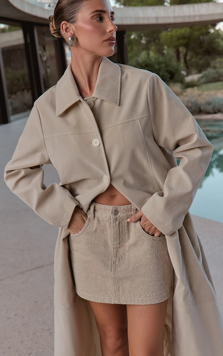 Prettylittlething Ecru Suede Longline Button Coat 4 Prettylittlething Ecru Suede Longline Button Coat - Image 4