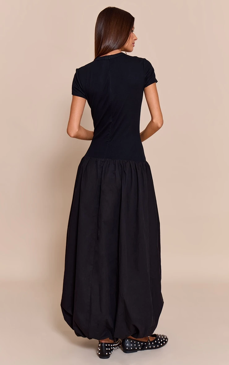 Black Dropped Waist T Shirt Puff Ball Hem Maxi Dress 2 Black Dropped Waist T Shirt Puff Ball Hem Maxi Dress - Image 2