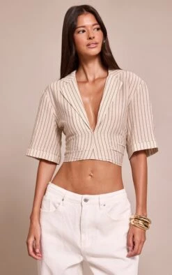 Stone Pinstripe Lightweight Woven Twist Cropped Shirt