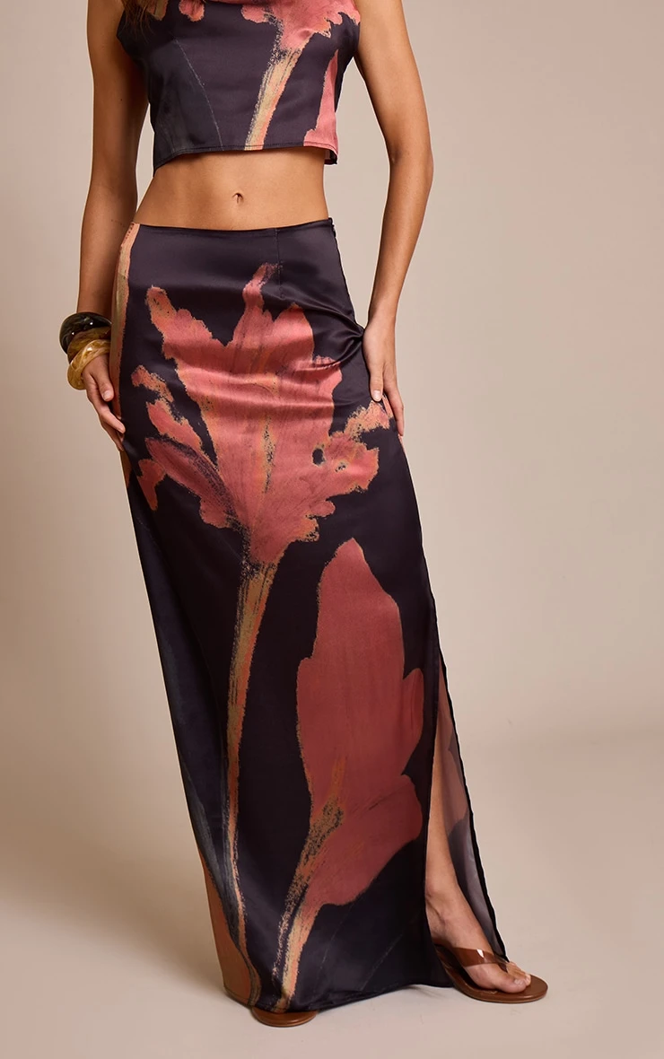 Prettylittlething Black Floral Printed Satin Maxi Skirt 2 Prettylittlething Black Floral Printed Satin Maxi Skirt - Image 2