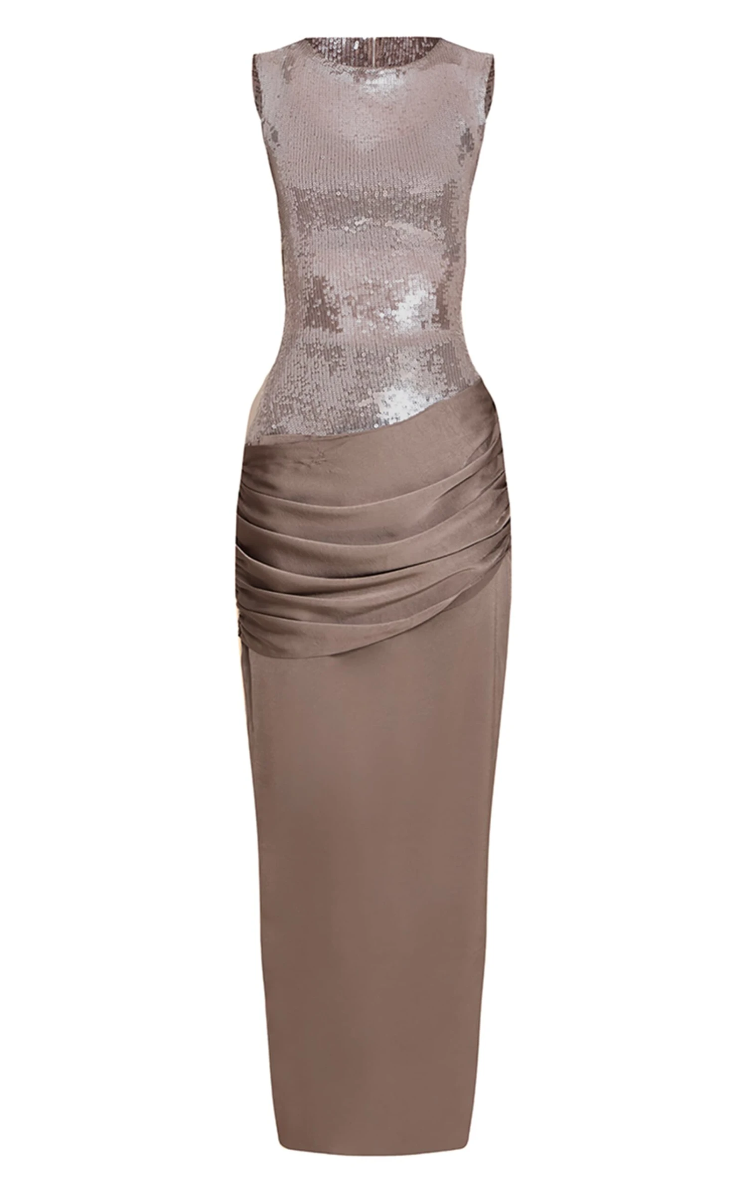 Prettylittlething PLT Label Dark Taupe Sequin Sleeveless Drape Detail Maxi Dress - Image 5