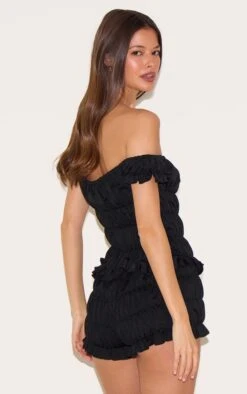 Prettylittlething Black Extreme Ruched Bardot Romper -Pretty Little Thing Shop d70a4372d2dae2e56b0896ecd9a80dd6f7733a78 CNL9245 2 black extreme ruched bardot playsuit