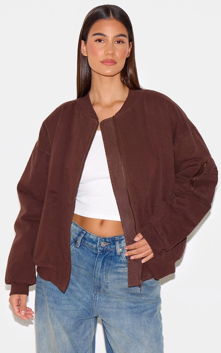 Prettylittlething Chocolate Classic Oversized Bomber Jacket 1 Prettylittlething Chocolate Classic Oversized Bomber Jacket