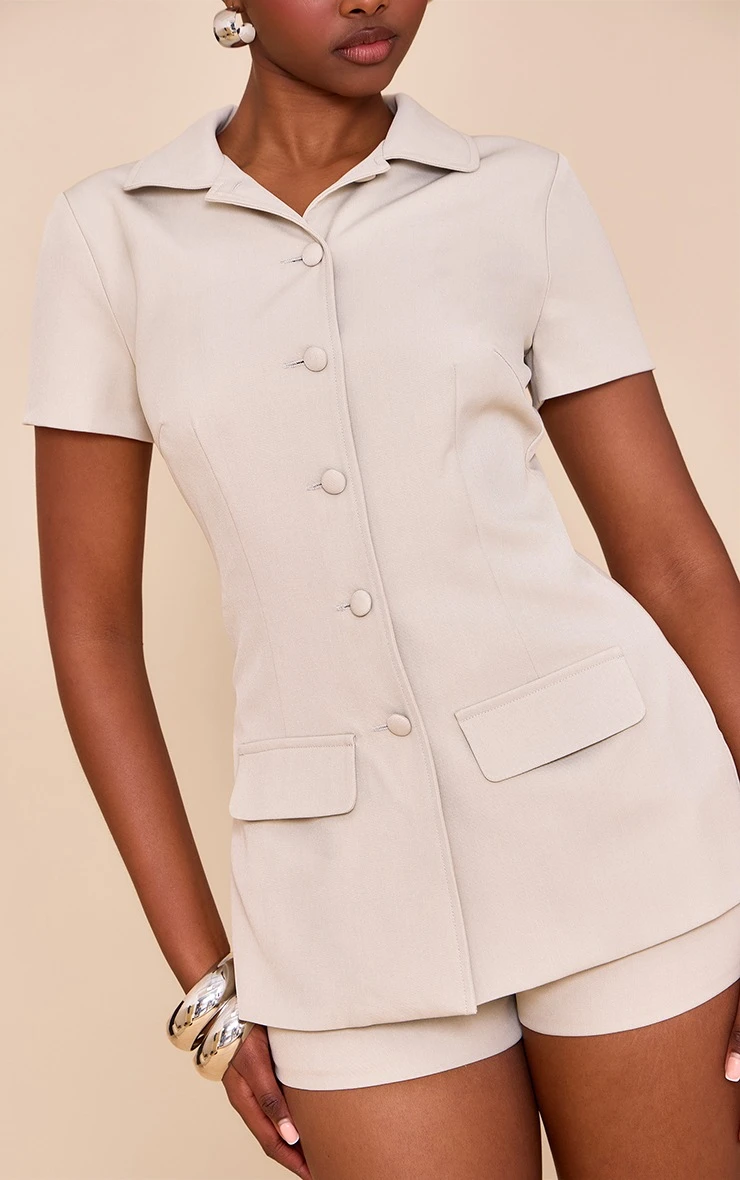 Prettylittlething Clay Woven Tailored Short Sleeve Romper 4 Prettylittlething Clay Woven Tailored Short Sleeve Romper - Image 4