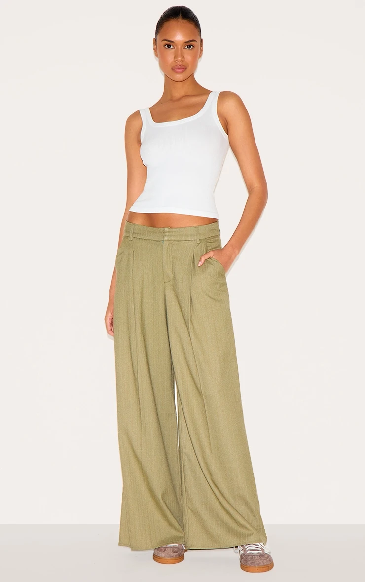 Prettylittlething Premium Olive Woven Pinstripe Tailored Straight Leg Pants - Image 2
