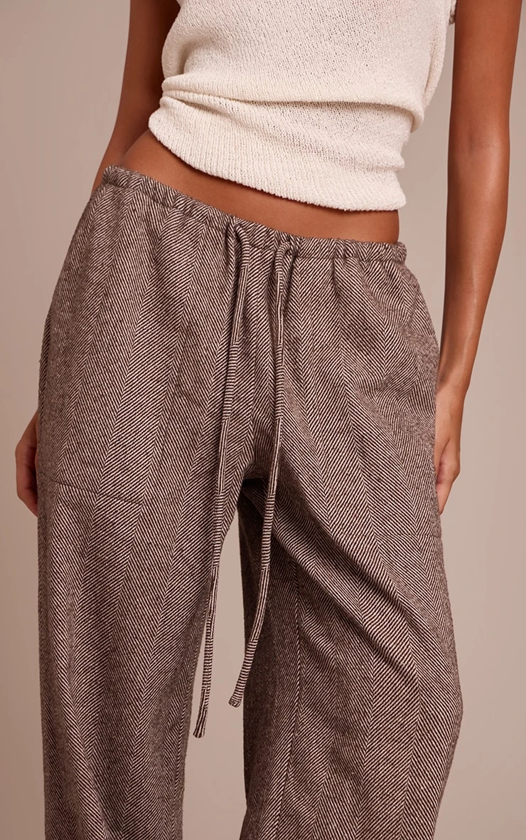 Prettylittlething Chocolate Herringbone Brushed Drawstring Low Rise Pants 4 Prettylittlething Chocolate Herringbone Brushed Drawstring Low Rise Pants - Image 4