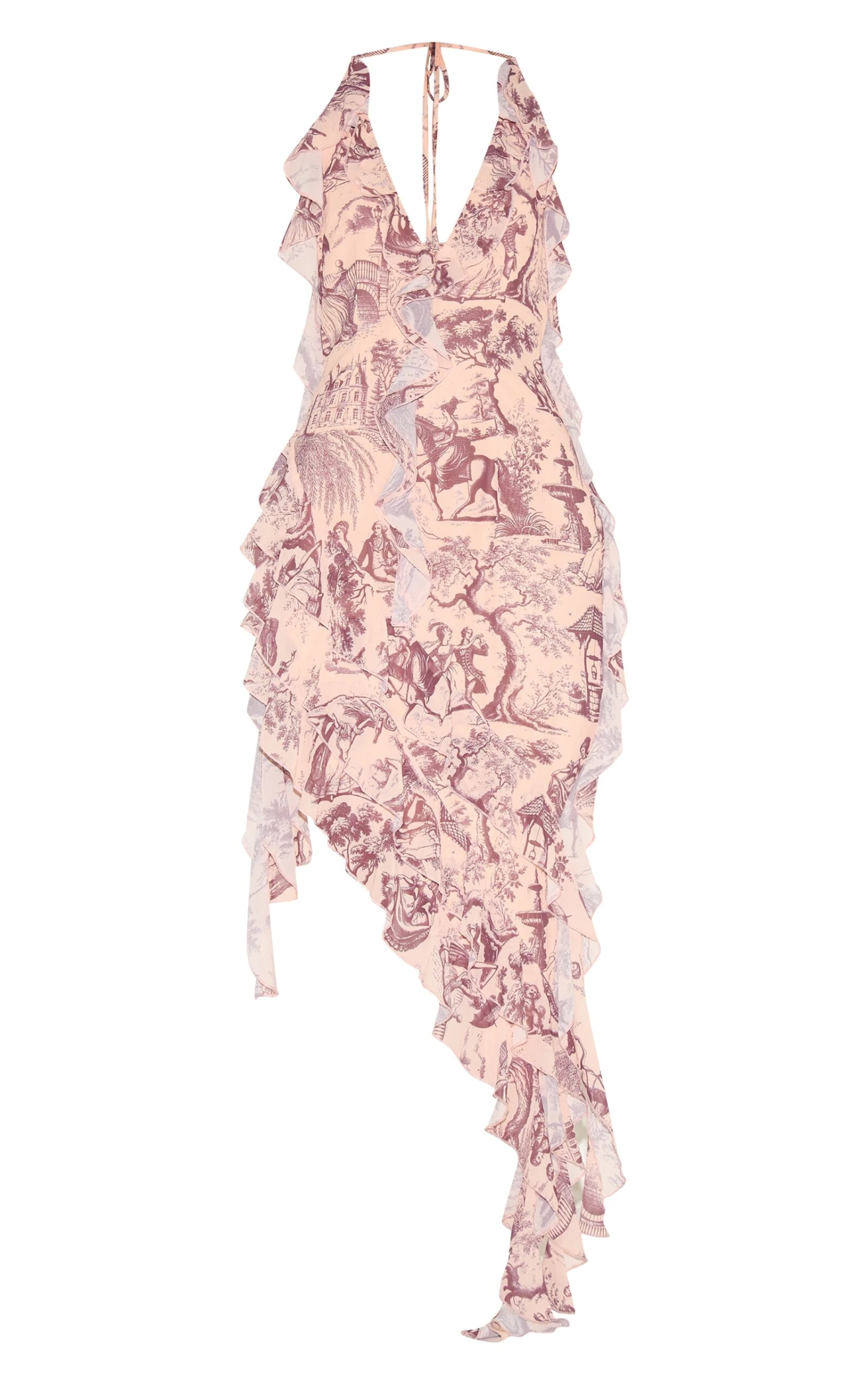 Prettylittlething Stone Chiffon Print Frill Detail Plunge Midaxi Dress - Image 5