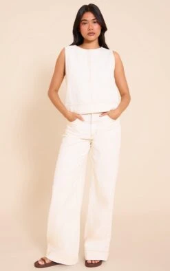 Prettylittlething Ecru Seam Detail Wide Leg Jeans