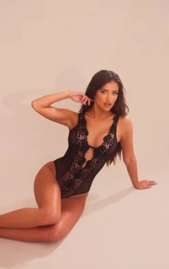 Prettylittlething Black Mesh Deep Plunge Crochet Lace Bodysuit