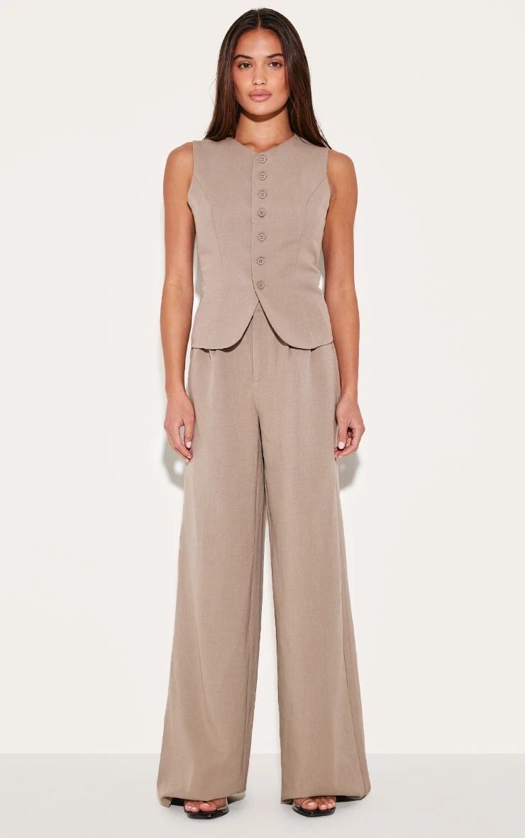 Prettylittlething Taupe Tailored Tie Detail Woven Wide Leg Pants