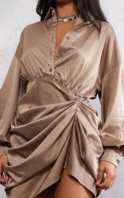 Prettylittlething Taupe Satin Drape Skirt Oversized Sleeve Shirt Dress -Pretty Little Thing Shop d8c064d06b900adb6d1f9035956264b7b549a854 cnc6215 4