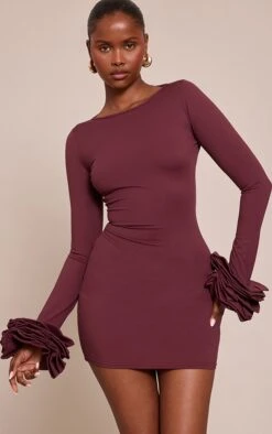 Prettylittlething Plum Boat Neck Puff Sleeve Bodycon Dress