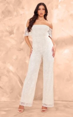 Prettylittlething Butter Cream Shimmer Floral Lace Bardot Jumpsuit