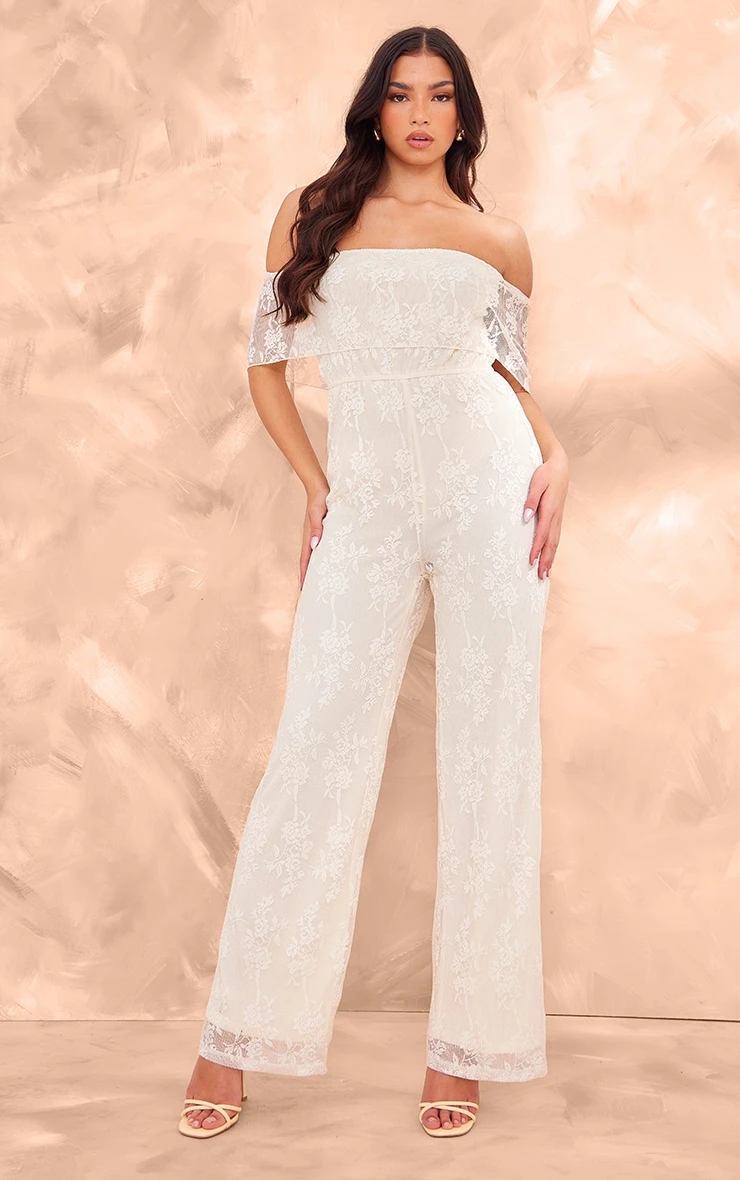 Prettylittlething Butter Cream Shimmer Floral Lace Bardot Jumpsuit 1 Prettylittlething Butter Cream Shimmer Floral Lace Bardot Jumpsuit
